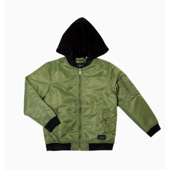 Kids Olive Green Removable Hooded Bomber Jacket Size Small 7/8 With Pockets & Zi